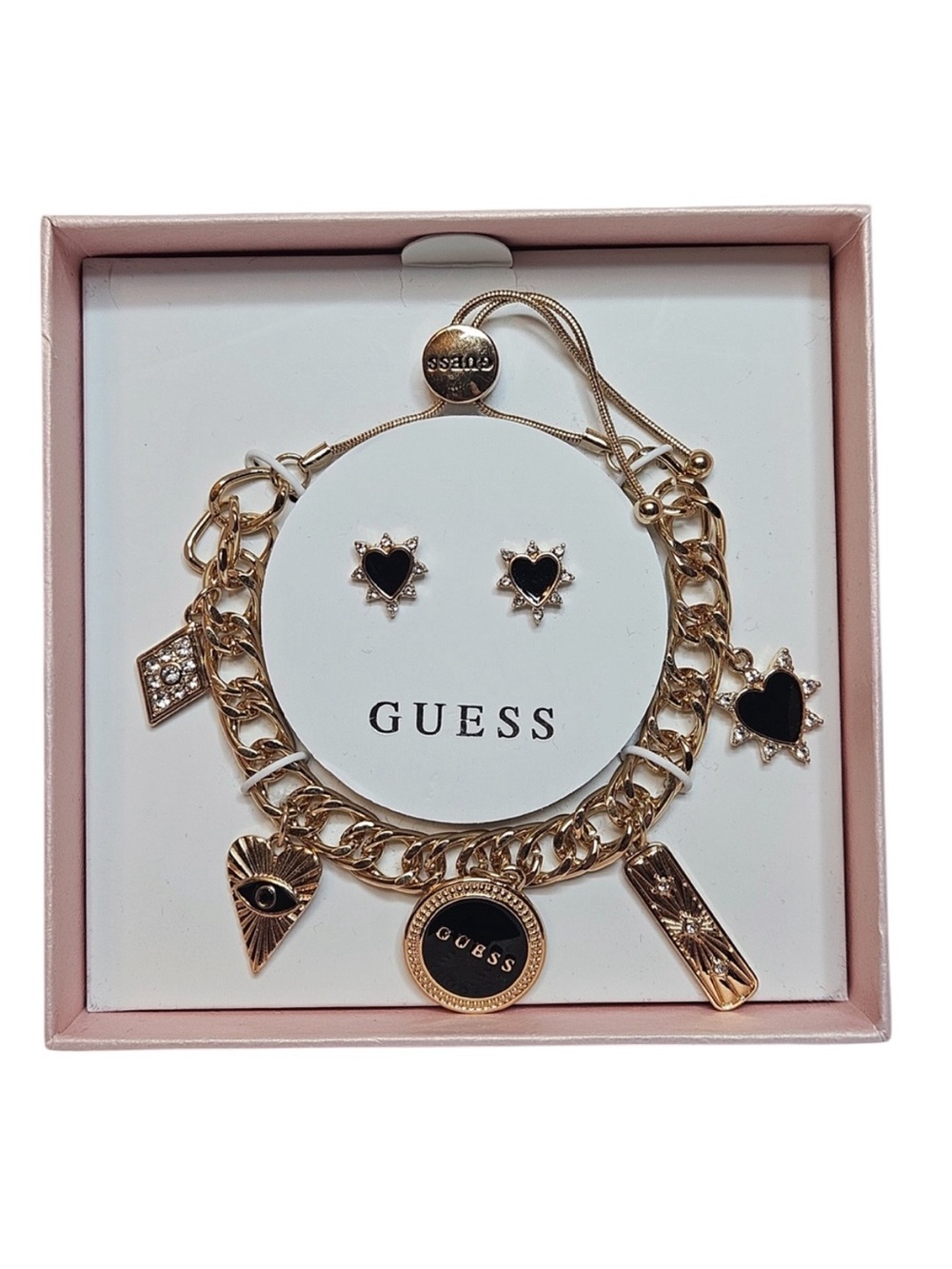 Guess Gold-Tone Charm Bracelet and Black Enamel Heart Studs